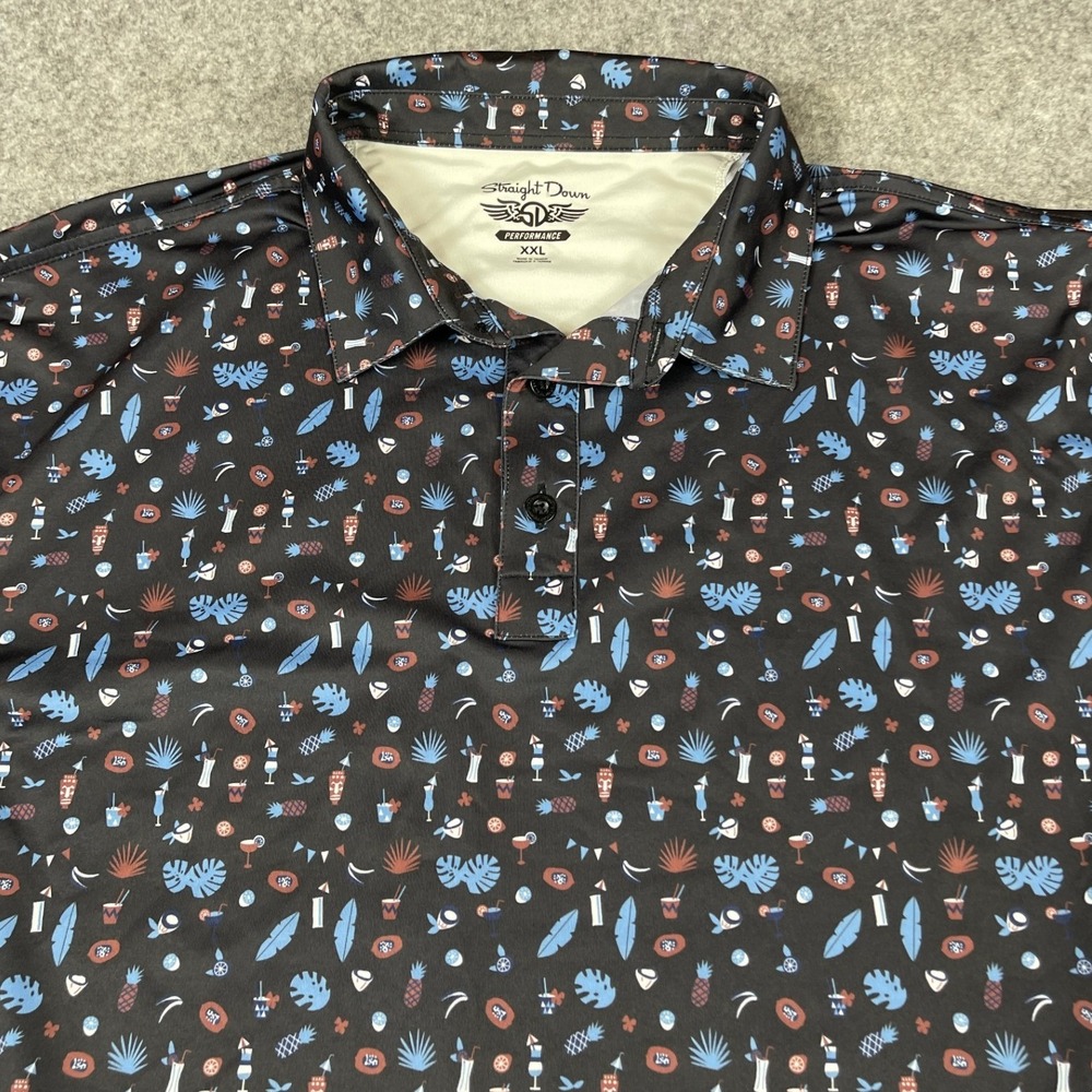 Straight Down Performance Golf Polo Shirt Men XXL Black Tropical Tiki Cocktail